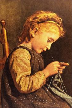 Albert Anker : Little girl knitting